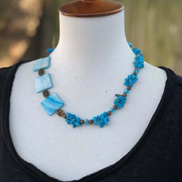 Turquoise stone necklaceblue pearls mother shell asymmetrical necklace square - Picture 8 of 12
